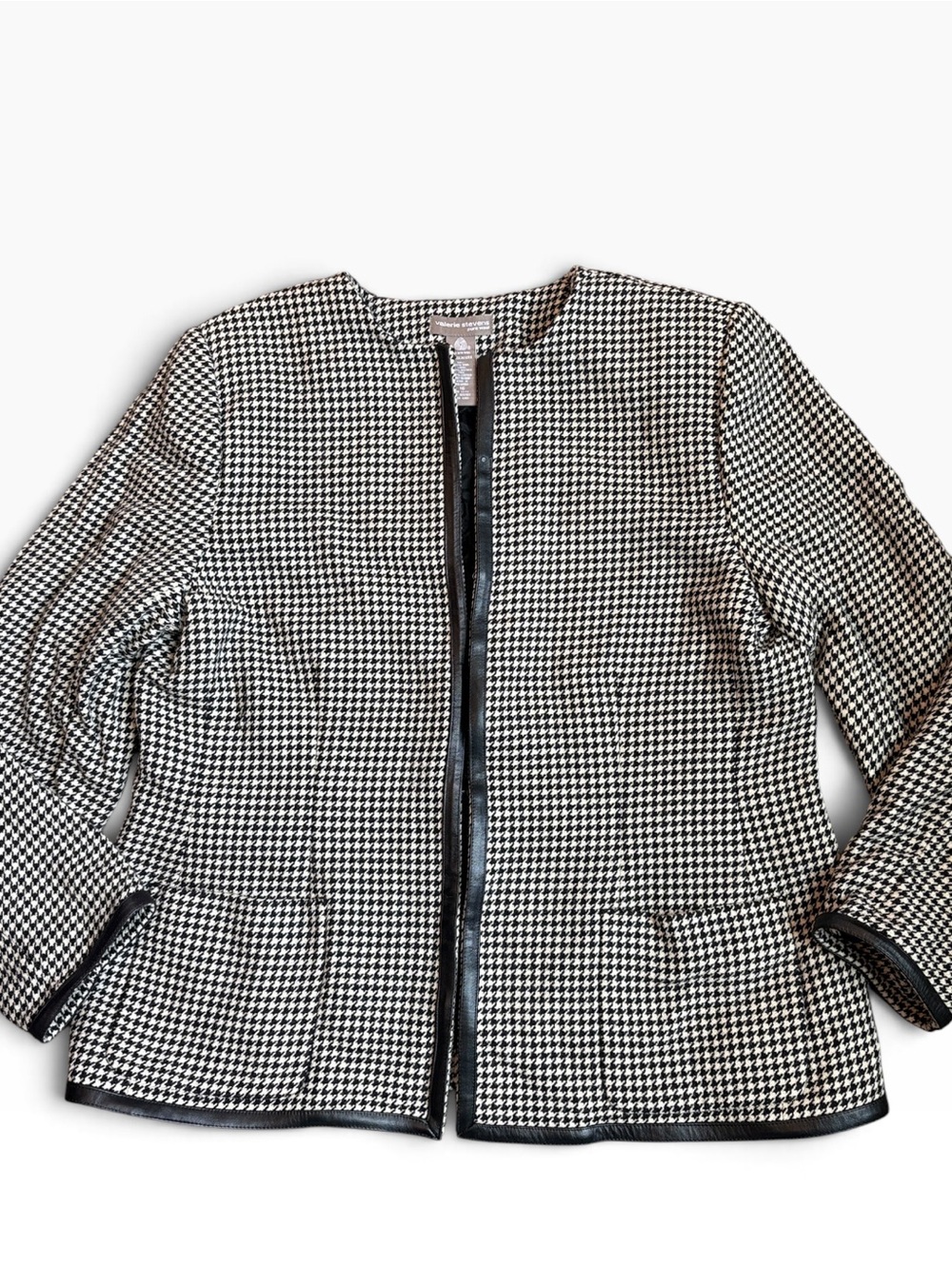 Valerie Stevens White/Black Houndstooth 100% Wool Blazer Women's 16 Leather Trim